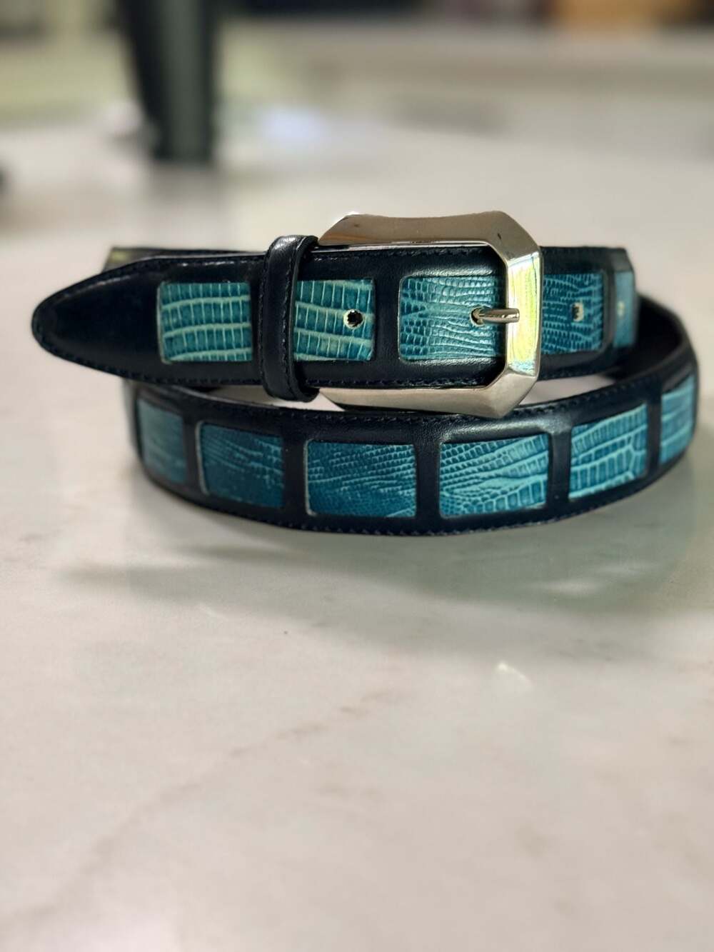 Carnaval De Venise Vintage Black Leather Belt Crocodile Inlay